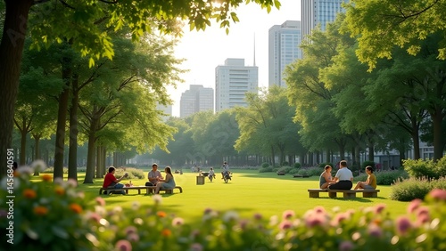 People enjoying leisure time in a picturesque city park, relaxing, and picnicking in nature amidst modern architecture.