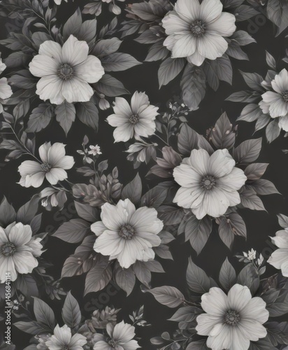 Subtle charcoal floral wallpaper; delicate blooms & leaves on seamless pattern , seamless, stylish, charcoal