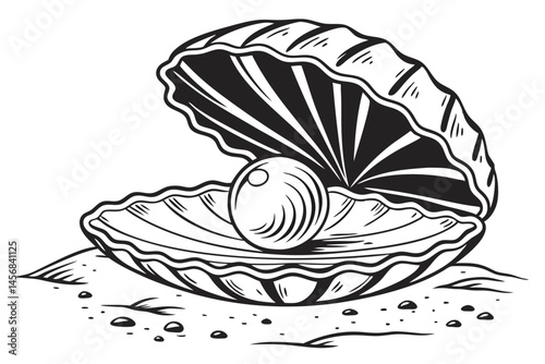 Graphic illustration of an opened seashell with pearl isolated on white background, vector sketch style drawing for decoration and design.