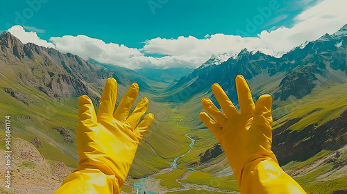 Yellow gloved hands against a dramatic mountain landscape under a bright blue sky