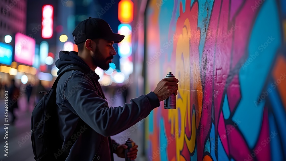 Obraz premium Urban Artist Spraying Graffiti on City Wall at Night: Captivating Street Art Scene