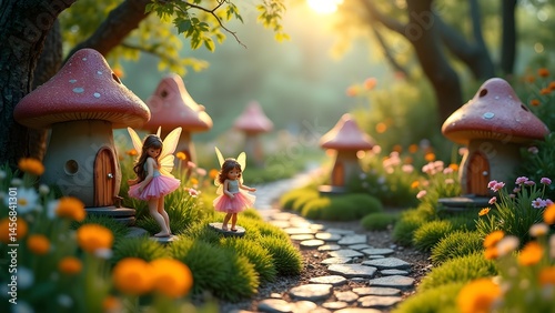 Enchanting Fairy Tale Scene with Mushroom Houses and Pixie Dolls in a Sunlit Forest