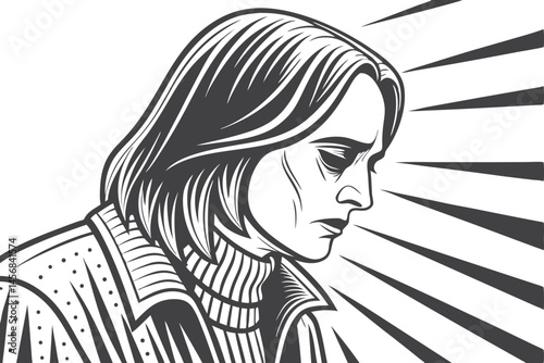 Monochrome Vector Illustration of a Depressed Woman in Profile with Sun Rays Background Displaying Emotional Turmoil and Melancholy.