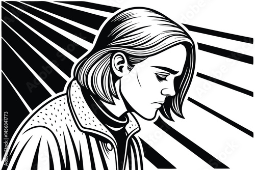 Striking black and white illustration of a thoughtful woman with short hair, set against a geometric background suggesting light beams and contemplation.