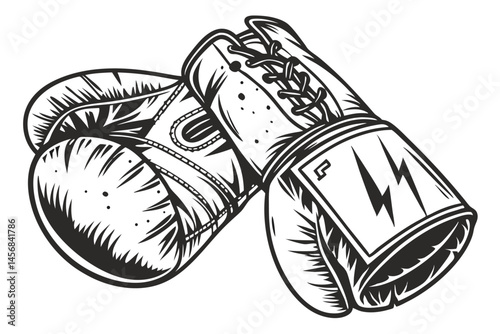 Monochrome graphic illustration of vintage boxing gloves, showcasing power, strength, and the spirit of combat sport in a retro style.