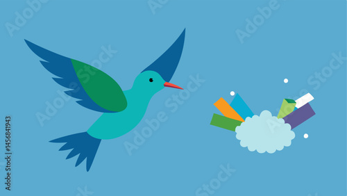 Birds and Microplastics A bird in flight with plastic particles in its beak alongside an image of the birds nest containing bits of colorful plastic showing how wildlife can