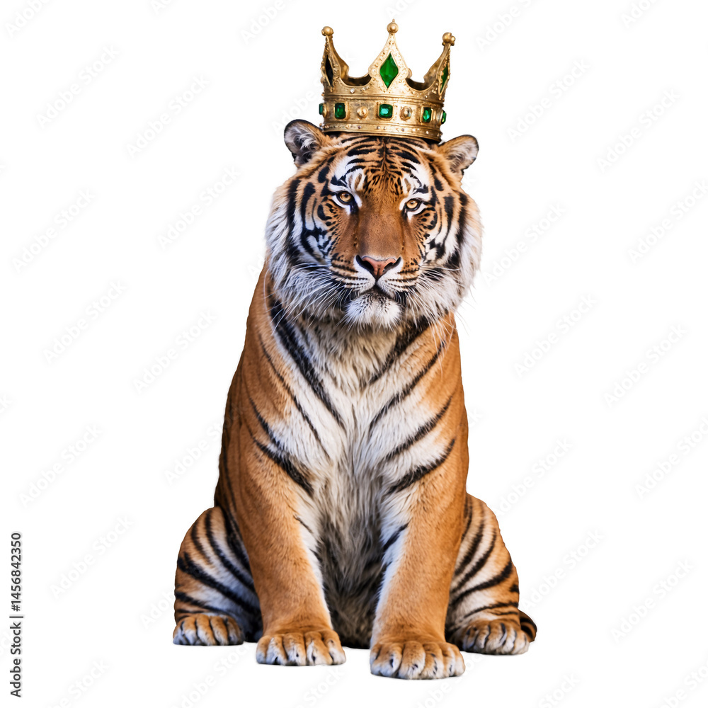 Obraz premium Tiger wearing a royal kings robe and crown as male with broad body shape in transparent background transparent background isolated png stock