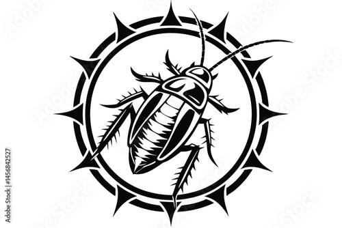 Black and white stylized cockroach inside a spiked circle, vector illustration for tattoo designs, posters or printing on clothes.