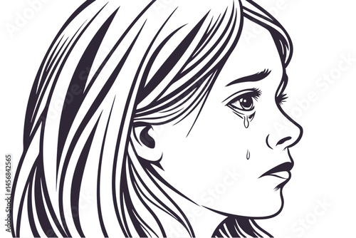 Sad Woman in Distress Crying with Tears Streaming Down Her Face, Line Art Silhouette Isolated on White Background.