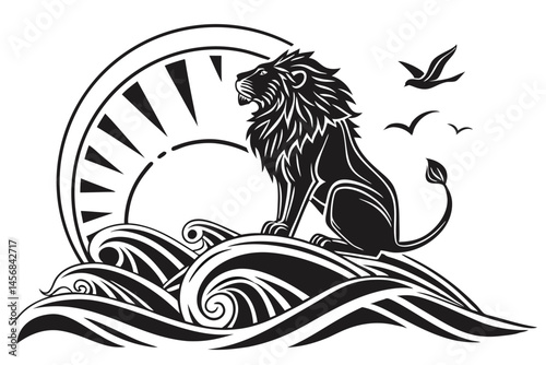 Majestic Lion Silhouette with Rising Sun, Ocean Waves, and Flying Birds in Black and White Minimalist Design.