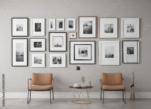 Modern minimalist gallery wall template featuring assorted frames against a clean white wall,  frame arrangement,  picture frames