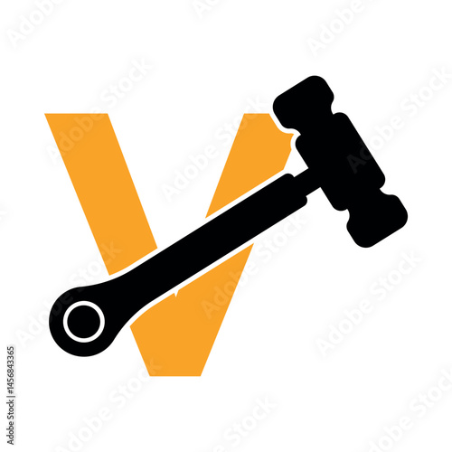 Initial hammer Logo combine with letter V vector template