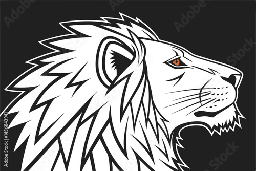 Stylized Lion Head Profile Vector Illustration with Orange Eye on Black Background, Sharp Edges, Strong Contrast, and Modern Design.