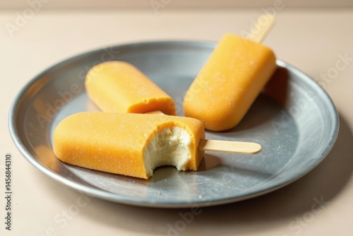 Wallpaper Mural Three Golden Popsicles on a Metal Plate, One Partially Eaten, Revealing Creamy Center Torontodigital.ca