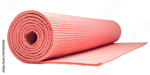Close-up of a high-quality rolled pink yoga mat isolated on white transparent background photo