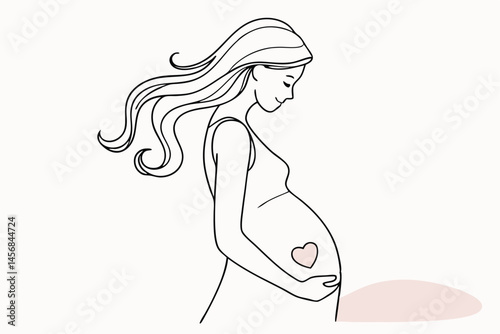 Beautiful Line Art Illustration of a Smiling Pregnant Woman with a Heart on Her Belly, Symbolizing Love and Motherhood.