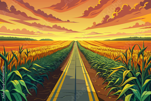 Aerial view of a rural road winding through golden corn fields in a vibrant summer agricultural landscape. Perfect for farming, countryside travel, crop production, and seasonal harvest themes