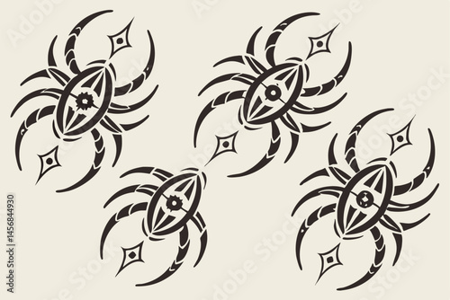 Abstract Black Tribal Spider Icons Vector Pattern on Beige Background, Unique Insect Artwork for Decoration and Illustration, Symbolizing Mysticism and Nature.