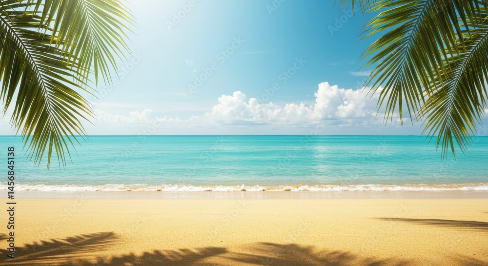 Obraz premium A serene beach scene featuring turquoise water, white sand, and palm fronds framing the view