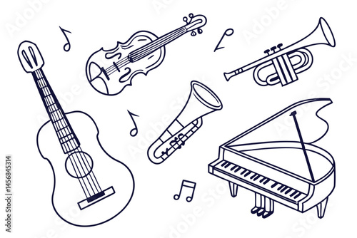 Doodle Style Music Instruments Vector Illustration Featuring Guitar, Violin, Trumpet, Trombone and Piano, Artistic Line Drawing.