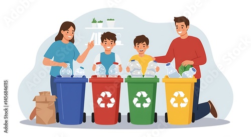 Family Sorting Recyclables Together in Color-Coded Bins