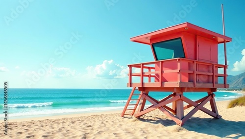 Elevated lifeguard station overlooking sandy beach, white, structure