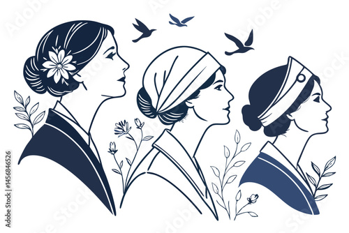 Elegant Art Deco Inspired Women Profiles with Floral Accents and Birds, Line Art Silhouette in Blue Shades, Vintage Fashion.