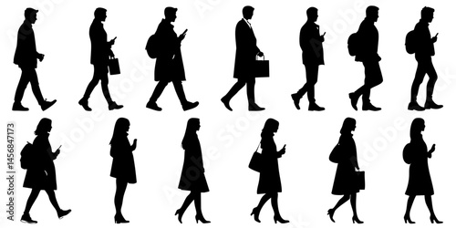 Walking People Silhouettes Collection – Men and Women with Phones