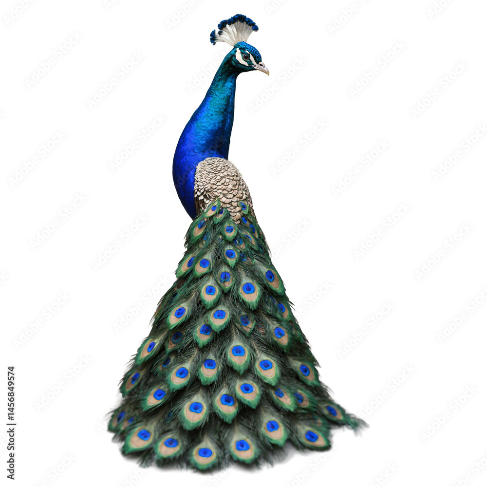 Obraz premium Peacock wearing a queens gown with jeweled tiara as female with curvy body shape in transparent background transparent background isolated png stock