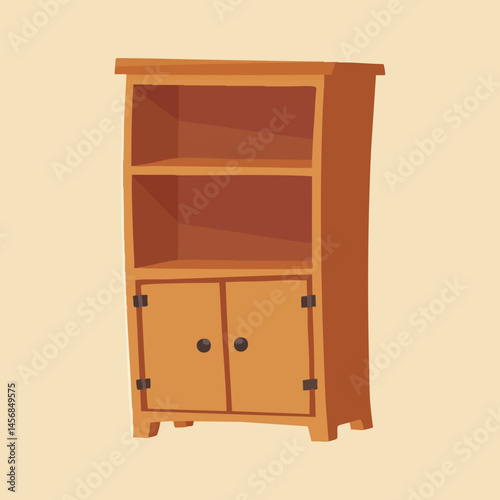 Wooden Cabinet with Shelves and Double Doors. Vector Image