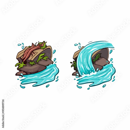 Water Flowing Over Rocks in Two Variations. Vector Image