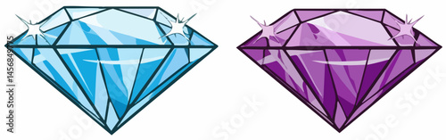 Two Sparkling Gemstones Blue and Purple Diamonds Illustration. Vector Image