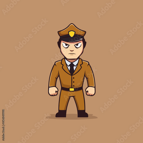 Stern-faced cartoon officer in brown uniform. Vector Image