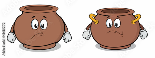 Sad Cartoon Pots with Arms and Hands. Vector Image