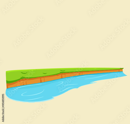 Riverbank Grassland Landscape Illustration. Vector Image