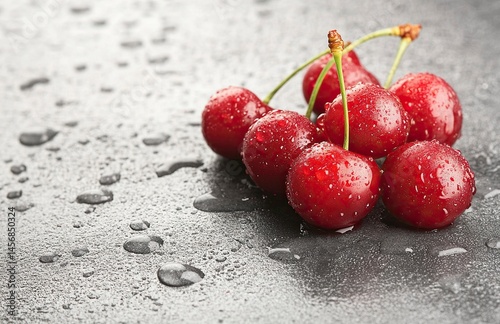 Close-up photograph of fresh, red cherries with water droplets on a grey background, captured with soft studio lighting. High-resolution, realistic stock photography of high quality. generative ai