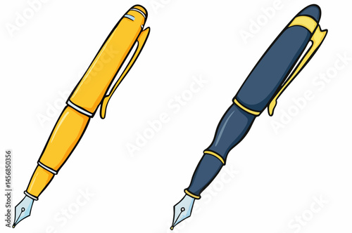 Pair of fountain pens yellow and blue illustration. Vector Image