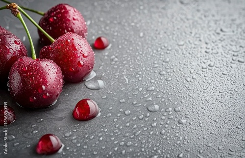Close-up photograph of fresh, red cherries with water droplets on a grey background, captured with soft studio lighting. High-resolution, realistic stock photography of high quality. generative ai