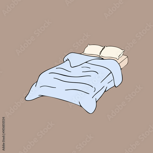 Made Bed with Light Blue Blanket and Pillows. Vector Image