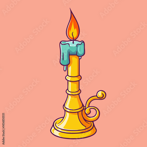 Lit Candle in Ornate Gold Candlestick Holder. Vector Image