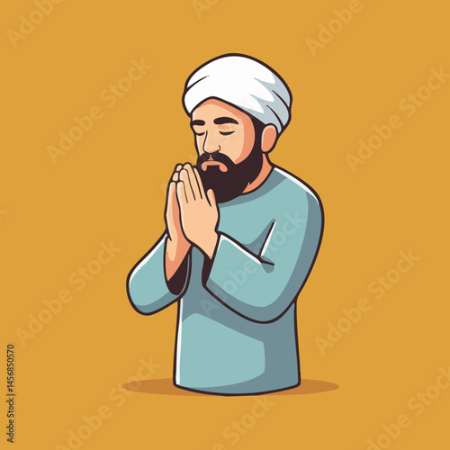 Man in Turban Praying in Humble Posture. Vector Image