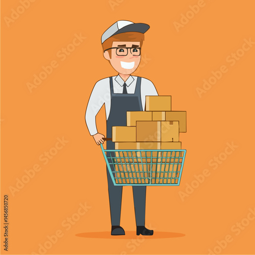 Happy worker transporting cardboard boxes in a cart. Vector Image