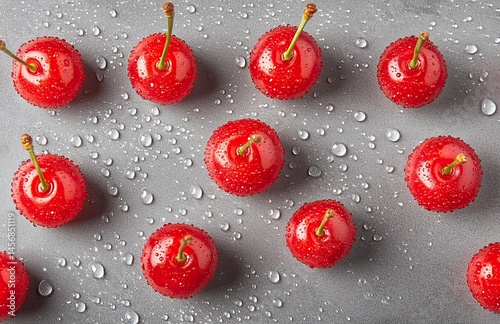 Close-up photograph of fresh, red cherries with water droplets on a grey background, captured with soft studio lighting. High-resolution, realistic stock photography of high quality. generative ai