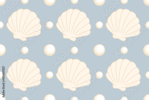 Seamless pattern with beige scallop shells and pearls on a pastel blue background. Perfect for beach-themed packaging, summer decor, and textiles.

