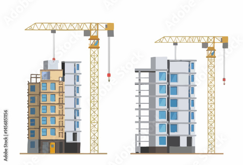 Construction Cranes and Apartment Buildings Under Construction. Vector Image