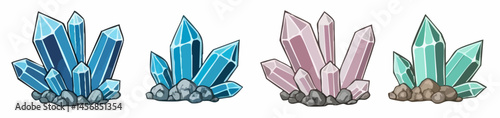Collection of Cartoon Crystal Clusters on Rocks. Vector Image