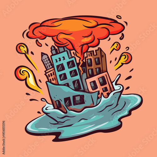 Cityscape engulfed by explosion and flood. Vector Image