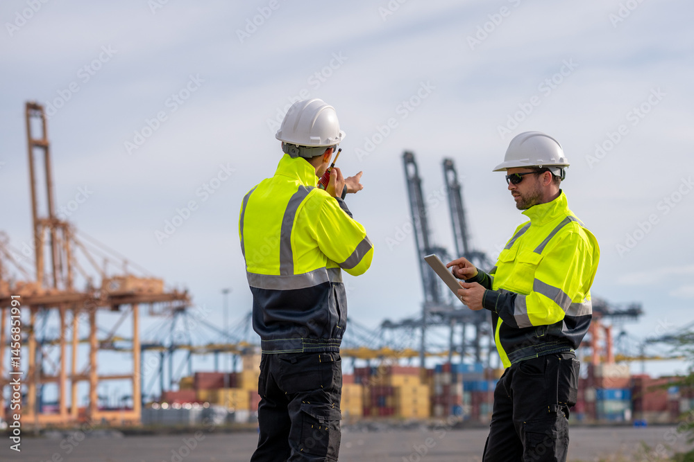 Industrial engineer workers operations marine port cranes loading and unloading of cargo ships global trade and supply chain import export environment monitoring responsible global economy. Industrial engineer workers operations marine port cranes loading and unloading of cargo ships global trade and supply chain import export environment monitoring responsible global economy.