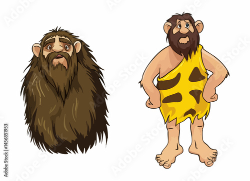 Cartoon Cavemen Set Hairy Man and Stone Age Man Illustration. Vector Image