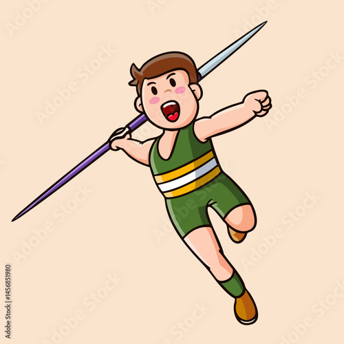 Cartoon Athlete Throwing Javelin in Competition. Vector Image